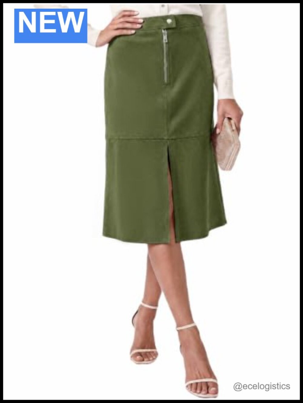 Faux Suede Midi A-Line Skirt High Waist Vintage Slit